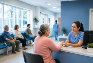 Recepção de unidade de saúde com atendimento humanizado a pacientes em Navegantes após implantação do novo sistema que extinguiu as filas nas UBSs.