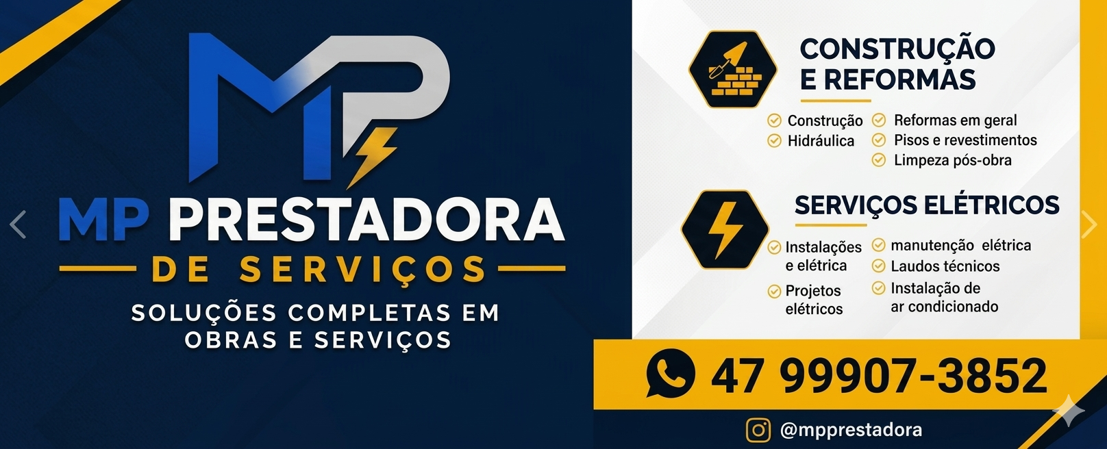 Banner publicitário da MP Prestadora de Serviços destacando soluções em construção, reformas em geral, hidráulica, instalações elétricas e manutenção de ar-condicionado